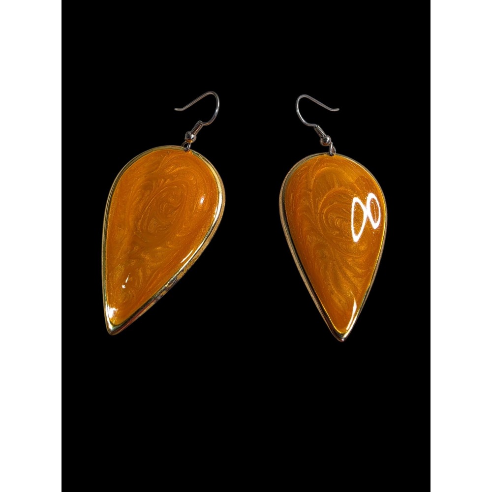 Vintage Gold Tone Orange Enamel Teardrop Dangle Earrings Swirl Painted Retro